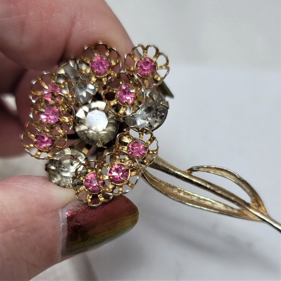 Sweet Vintage Flower Pin Brooch Pink Rhinestones - Picture 5 of 8